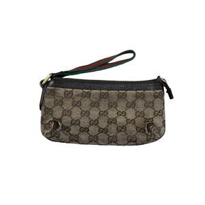 Gucci GG Monogram Canvas Wristlet Clutch with Leather Trim & Green Red Web Strap